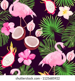 Seamless pattern with tropical flora and flamingos 