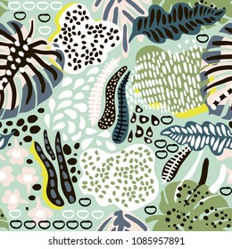 Seamless pattern with tropical flora, palm branc, leaves and textures. Creative jungle texture. Great for fabric, textile Vector Illustration