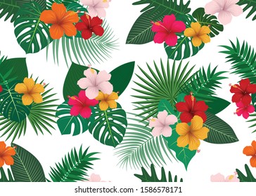 Seamless pattern of tropical floral with leaves on white background  - Vector illustration