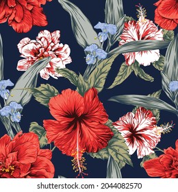 Seamless pattern tropical floral with red Hibiscus flowers and blue orchid abstract background.Vector illustration hand drawing dry watercolor style.For fabric pattern print design.