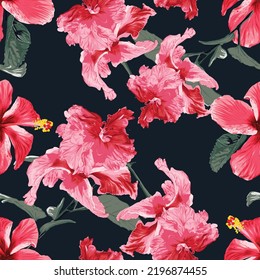 Seamless pattern tropical floral with red Hibiscus flowers abstract background.Vector illustration hand drawing dry watercolor style.For fabric pattern print design.