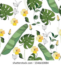  Seamless pattern with tropical floral romantic elements