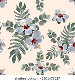 Seamless pattern tropical floral with white Hibiscus flowers abstract background.Vector illustration hand drawing dry watercolor style.For fabric pattern print design.