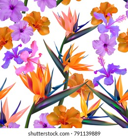 seamless pattern of tropical flovers on the white background