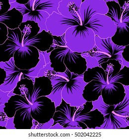 Seamless pattern. Seamless tropical flower, black and violet hibiscus pattern.