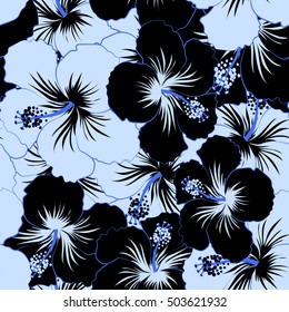 Seamless pattern. Seamless tropical flower, black and blue hibiscus pattern.