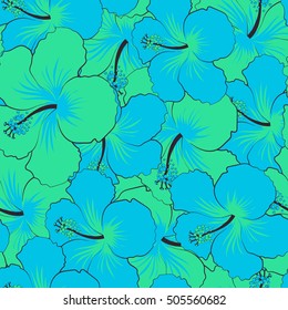 Seamless pattern. Seamless tropical flower, blue and green hibiscus pattern.