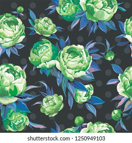 Seamless pattern tropical flower. Elegant retro background with peonies