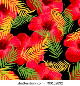 Seamless pattern with tropical flower, palm leaves, exotic jungle background hibiscus
