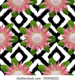 Seamless pattern of tropical flower protea and leaves. Tropic floral wallpaper on black and white boho background.