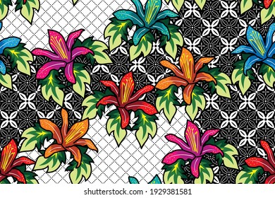 Seamless pattern with tropical flower vector Illustration, batik style 