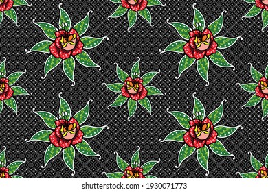 Nahtloses Muster mit tropischer Blume, Vektorgrafik, Batik-Stil 