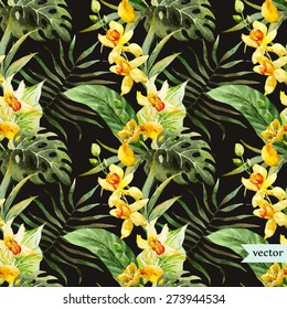 seamless pattern tropical flower watercolor, yellow orchid tropichesskie and leaves on a black background