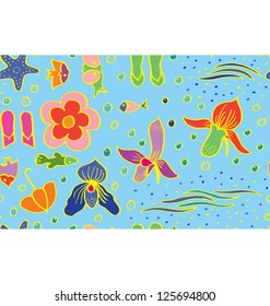 A seamless pattern of tropical flowers and all sort of elements you could see underwater and bring to the beach.