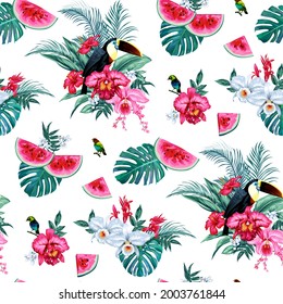 Seamless pattern with tropical flowers and birds