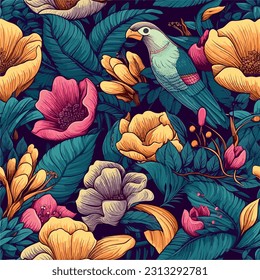 Seamless pattern with tropical flowers and birds. Vector illustration.