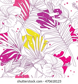 Seamless pattern with tropical flowers and birds, vector illustration