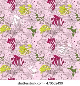 Seamless pattern tropical flowers and birds, vector illustration