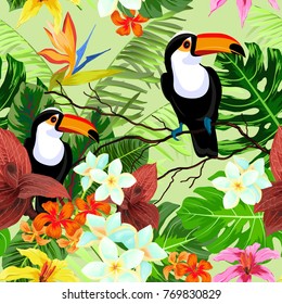 Seamless pattern with tropical flowers and birds