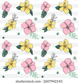 Seamless pattern with tropical flowers with black outline. Hibiscus backckground. Sketch, line art drawing style.