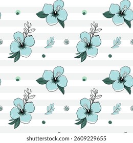 Seamless pattern with tropical flowers with black outline. Blue hibiscus backckground. Sketch, line art drawing style.