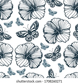 seamless pattern tropical flowers and butterflies hand drawing isolated on white background vector