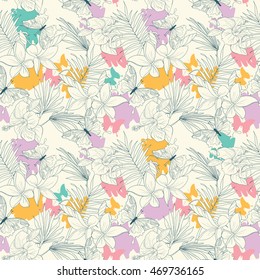 Seamless pattern tropical flowers and butterflies, vector illustration