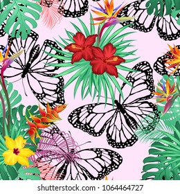 Seamless pattern with tropical flowers, butterfly silhouettes, palm and monstera leaves on pink background. Floral seamless texture for print design.