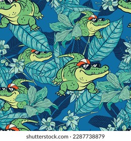 Seamless pattern of a tropical flowers and cartoon crocodile background elements. For kids t-shirt and swim wear.