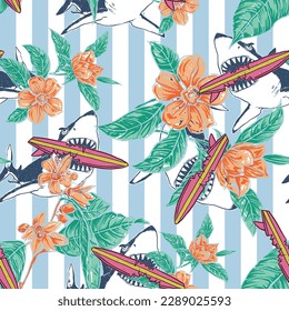 Seamless pattern of a tropical flowers with cartoon sharks and blue stripes background elements. Seamless pattern for swimming wear.