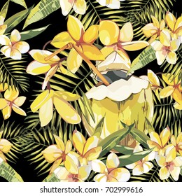 Seamless pattern with tropical Flowers, Coconut. Element for design of invitations, movie posters, fabrics and other objects. Isolated on white. Vector