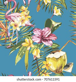 Seamless pattern with tropical Flowers, Coconut and Flamingo. Element for design of invitations, movie posters, fabrics and other objects. Isolated on white. Vector EPS 10