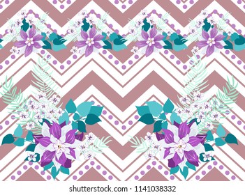 Seamless pattern in tropical flowers. Composite overlay. Floral arrangements on geometric background. For textile, wallpaper, covers, surface, gift wrap, scrapbooking, decoupage. Trendy 2019 colors 