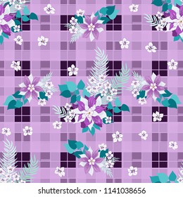 Seamless pattern in tropical flowers. Composite overlay. Floral arrangements on geometric background. For textile, wallpaper, covers, surface, gift wrap, scrapbooking, decoupage. Trendy 2019 colors 