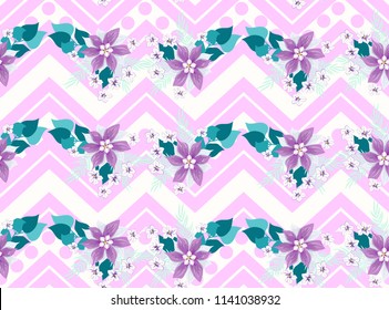 Seamless pattern in tropical flowers. Composite overlay. Floral arrangements on geometric background. For textile, wallpaper, covers, surface, gift wrap, scrapbooking, decoupage. Trendy 2019 colors 