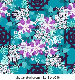 Seamless pattern in tropical flowers. Composite overlay. Floral arrangements on geometric background. For textile, wallpaper, covers, surface, gift wrap, scrapbooking, decoupage. Trendy 2019 colors 