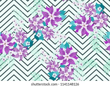 Seamless pattern in tropical flowers. Composite overlay. Floral arrangements on geometric background. For textile, wallpaper, covers, surface, gift wrap, scrapbooking, decoupage. Trendy 2019 colors 