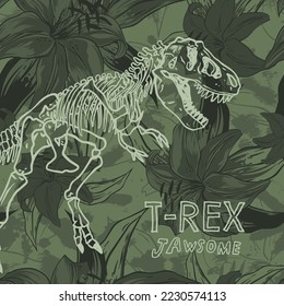 Seamless pattern of a tropical flowers and dinosaur skeleton elements. For boys t-shirt.