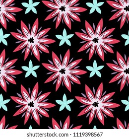 Seamless pattern with tropical flowers doodle style. Vector
