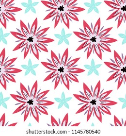 Seamless pattern with tropical flowers doodle style. Vector