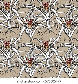 Seamless pattern with tropical flowers. Drawing by hand in vintage style. Stylish background with plants.