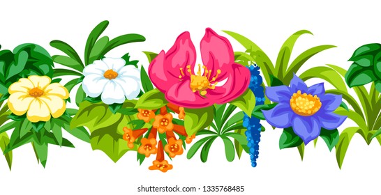 Seamless pattern with tropical flowers. Exotic tropical plants. Illustration of jungle nature.