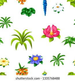 Seamless pattern with tropical flowers. Exotic tropical plants. Illustration of jungle nature.