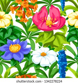Seamless pattern with tropical flowers. Exotic tropical plants. Illustration of jungle nature.