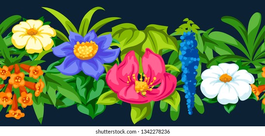 Seamless pattern with tropical flowers. Exotic tropical plants. Illustration of jungle nature.
