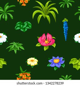 Seamless pattern with tropical flowers. Exotic tropical plants. Illustration of jungle nature.