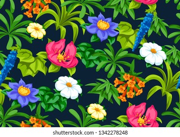 Seamless pattern with tropical flowers. Exotic tropical plants. Illustration of jungle nature.