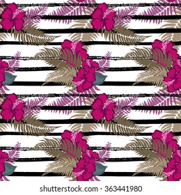 Seamless pattern with tropical flowers and fern leaves. Vector background.