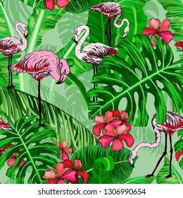 Seamless pattern with tropical flowers and flamingo birds. Vector illustration.