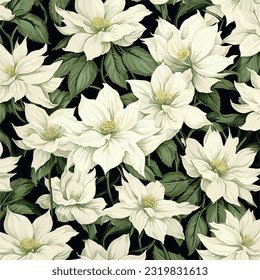 Seamless pattern with tropical flowers. Floral background, luxury wallpaper. Green leaves. Printable modern art, stylish. Detailed colorful graphic botanical elements. Vector illustration.